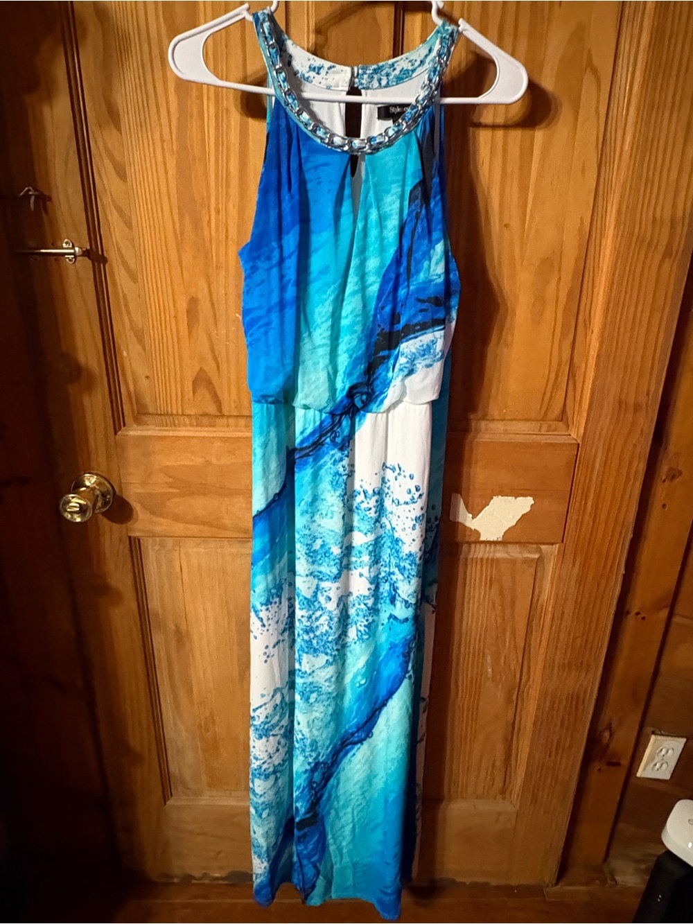 VEGAS_POSH
Style & Co. Blue and White Jeweled Halter Maxi Dress